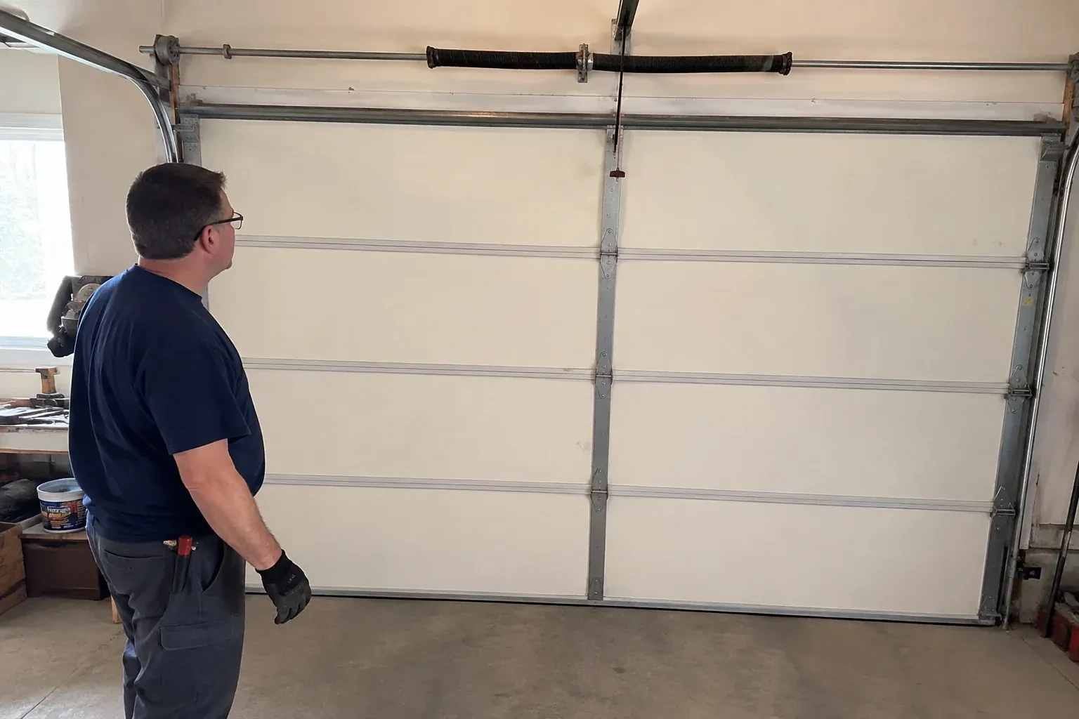 Person in a dark shirt standing before a closed cream sectional door, looking up at a coiled spring and red-tipped cord. — Off-Track Garage Door Reset, Mississauga