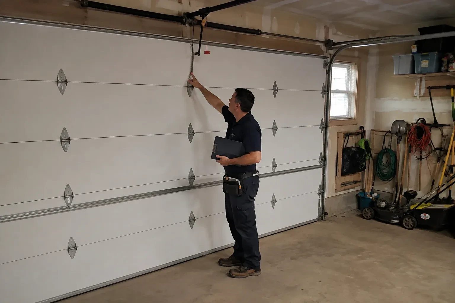 A person holding a clipboard examines the interior hardware of a closed garage door. — Garage Door Tune-Up, Mississauga