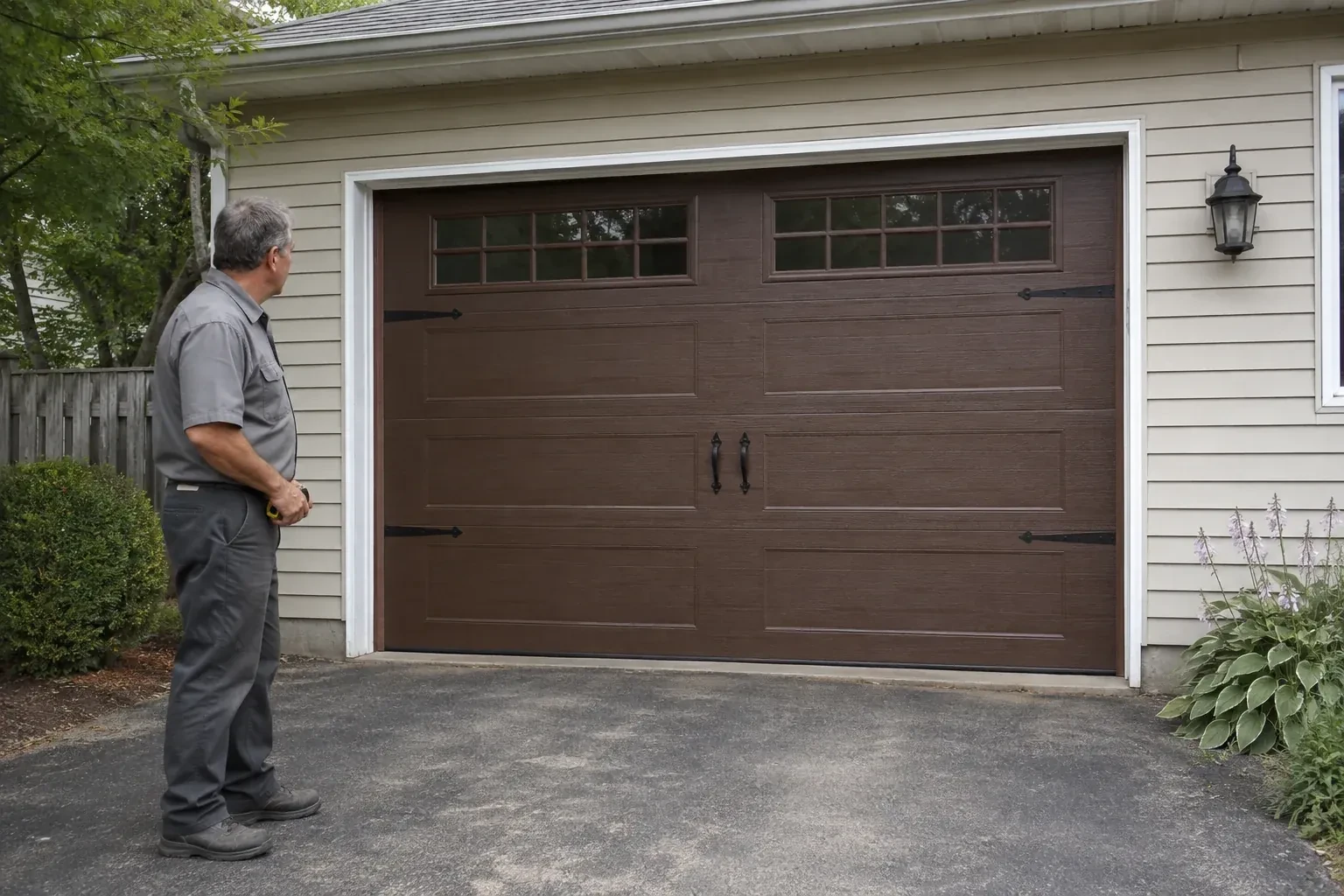 A person stands beside a closed brown garage door with upper windows and black decorative straps and handles. — Carriage-House Garage Door Installation, Mississauga