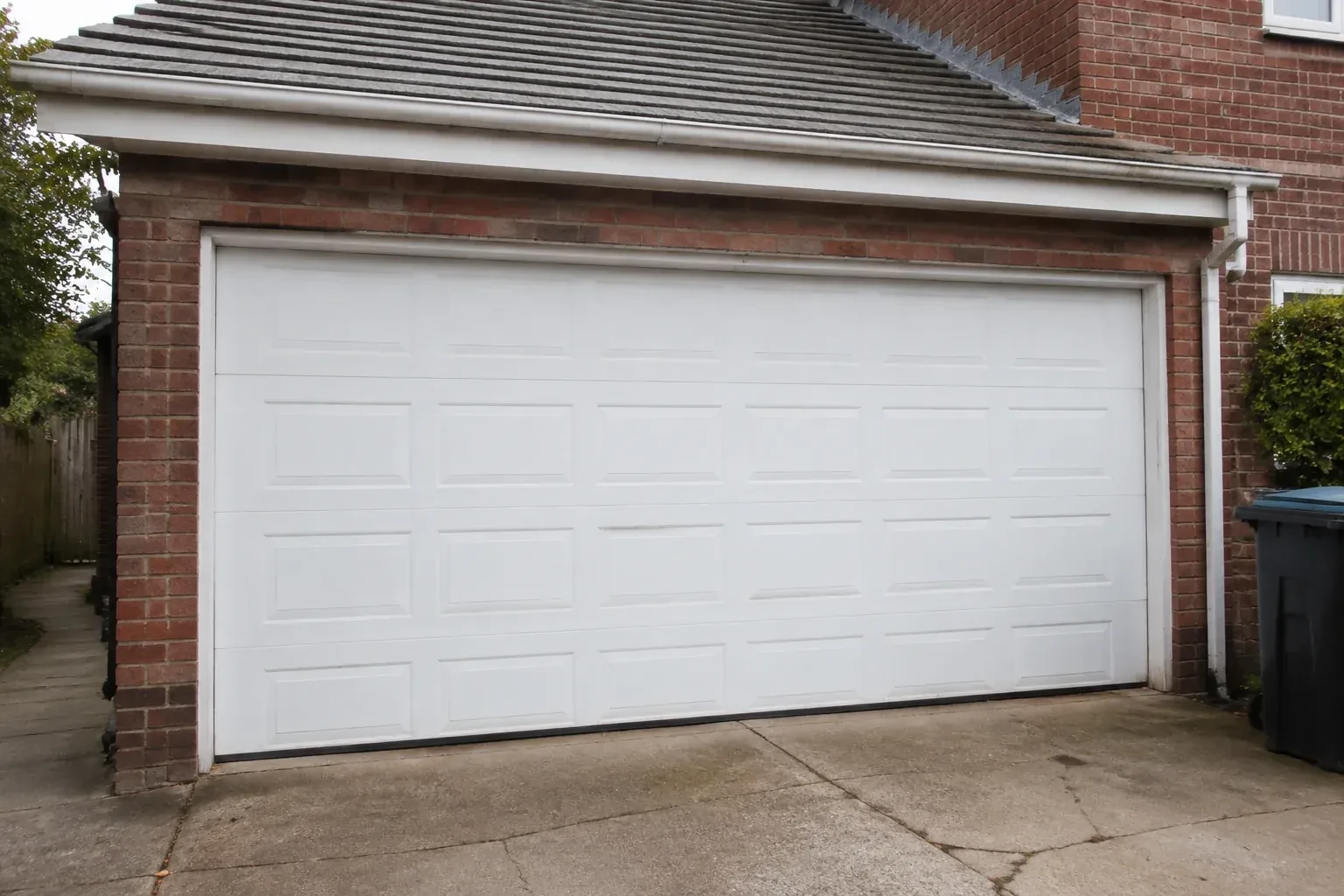 Closed white sectional garage door at an ordinary brick house. — Sectional Garage Door Replacement, Mississauga
