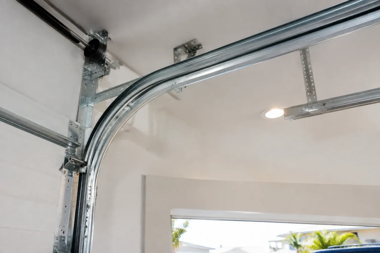 Curved galvanized steel track bending from the vertical door track into the ceiling, with perforated brackets and a recessed light. — Garage Door Track Repair or Replacement, Mississauga