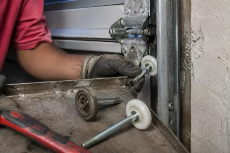 Gloved hand holding a white garage-door roller beside its track, with two loose rollers and a red tool on a tray. — Garage Door Roller Replacement, Mississauga