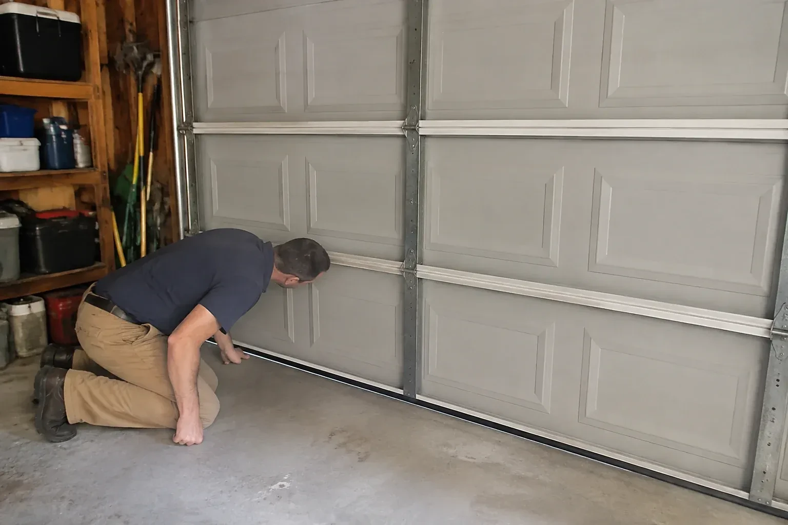 Person kneeling with a hand at the base of a gray paneled door that has a black strip along its bottom. — Garage Door Perimeter Weatherstrip, Mississauga