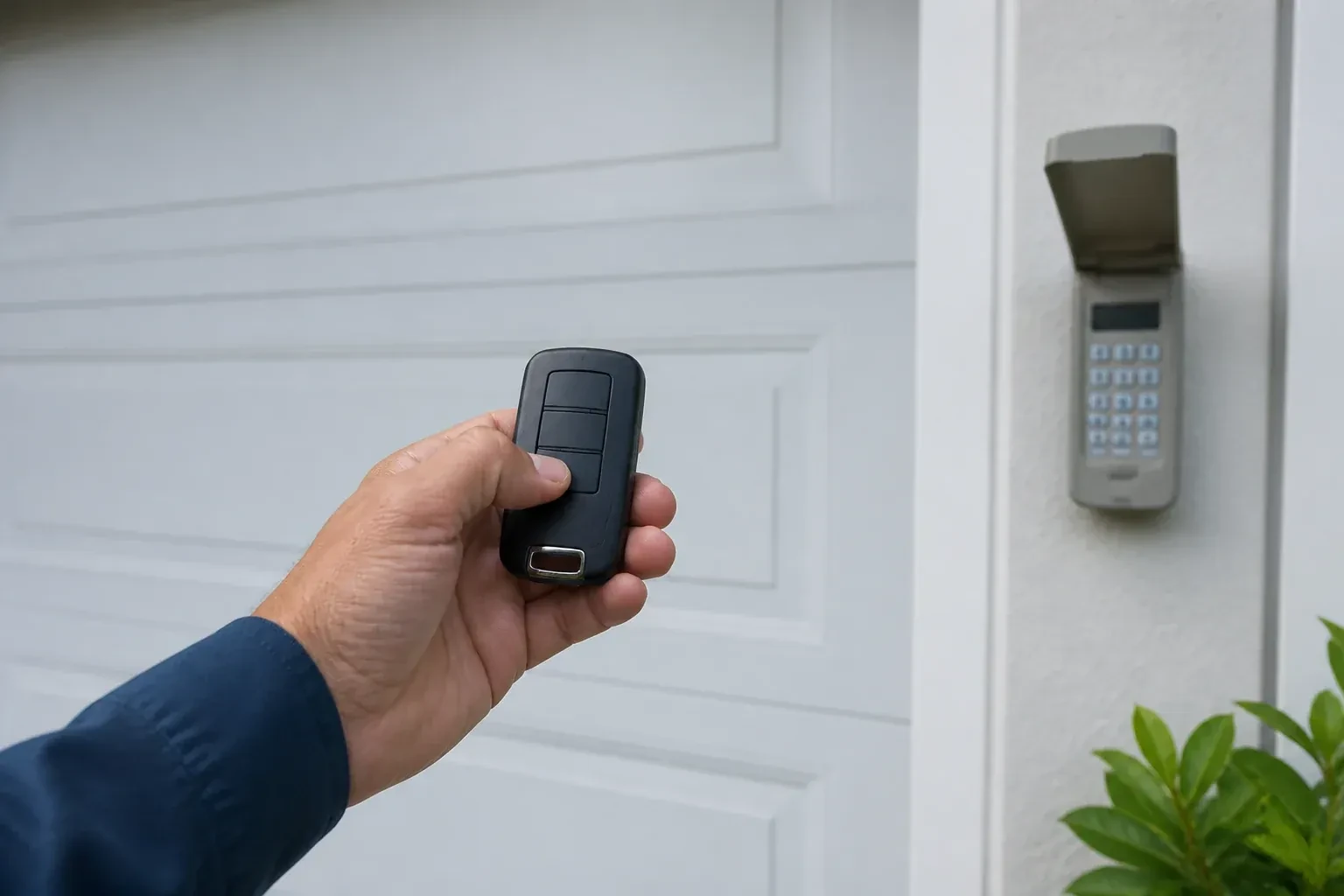 Hand holding a black three-button remote in front of a white paneled door, with a wall keypad and open cover at right. — Garage Door Remote and Keypad Programming, Mississauga