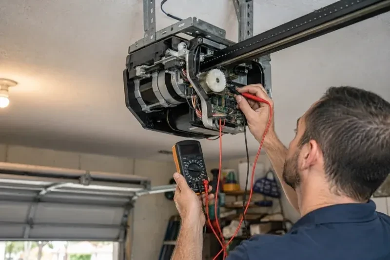 Person holding a multimeter and a red probe near the exposed circuit board of an overhead garage-door opener. — Garage Door Opener Diagnosis and Repair, Mississauga