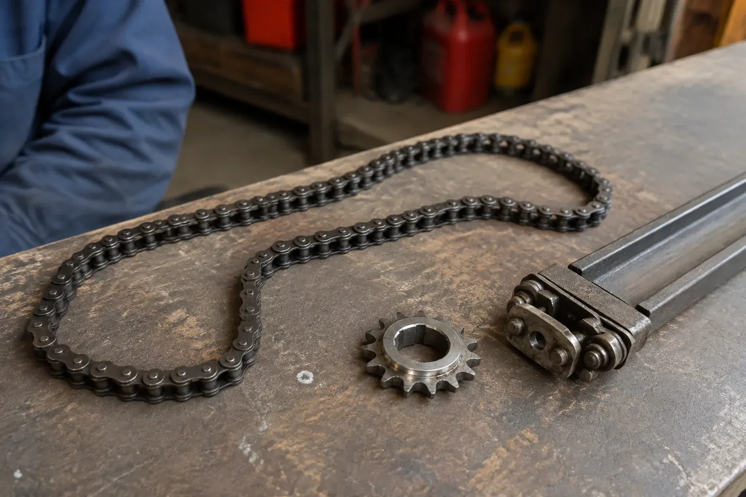 A detached metal roller chain, toothed sprocket and rail component rest on a worn garage workbench. — Chain-Drive Opener Repair, Mississauga