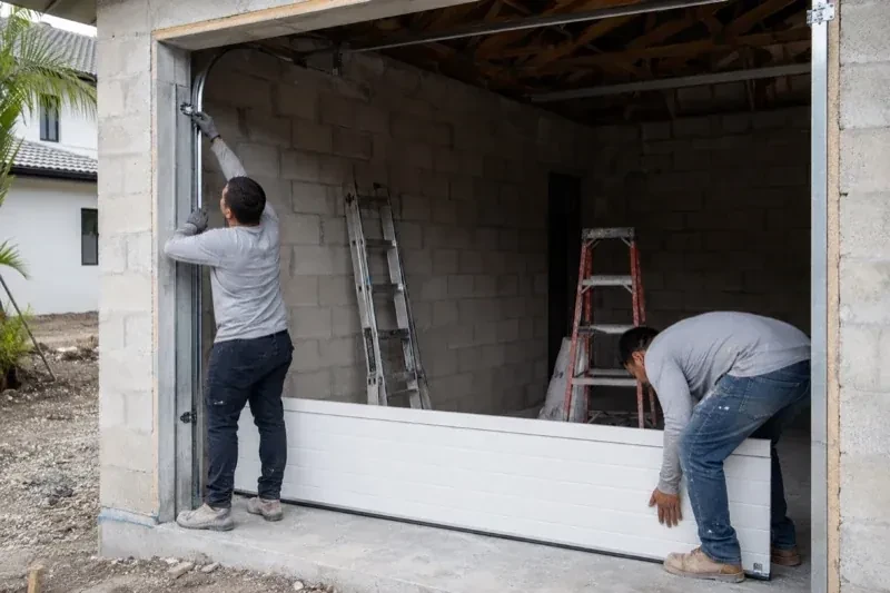 Two people positioning a white garage-door panel and side track in an unfinished masonry garage. — New-Construction Garage Door Installation, Mississauga
