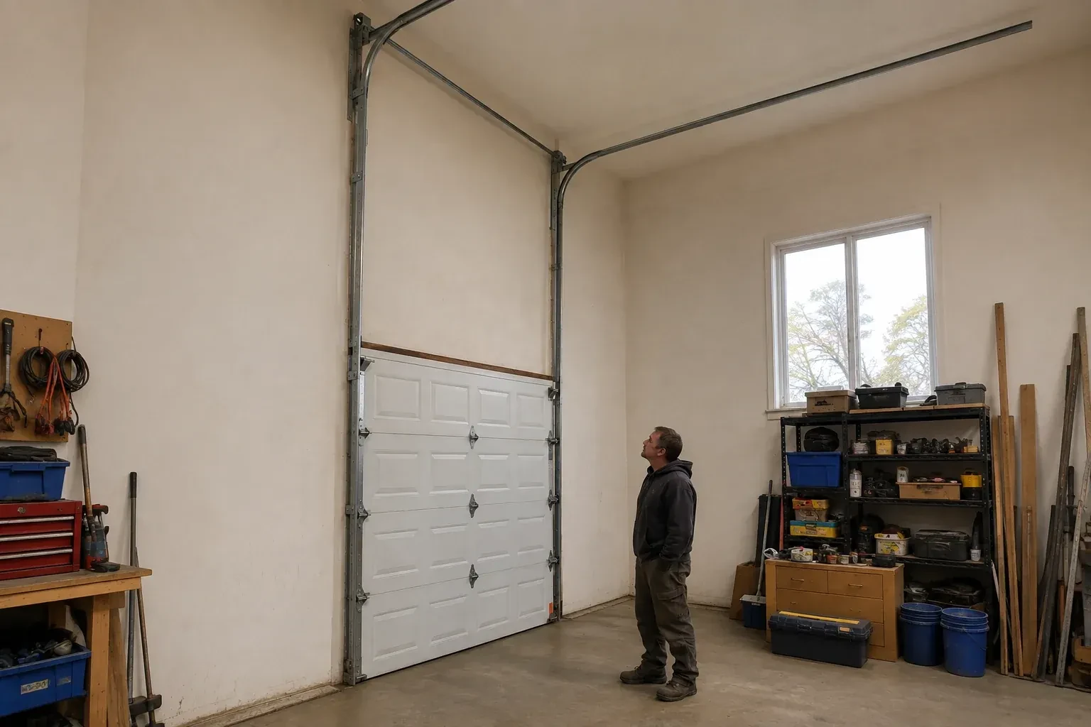 Vertical tracks extend above a closed garage door before curving near a high ceiling, while a person looks upward. — High-Lift Garage Door Conversion, Mississauga