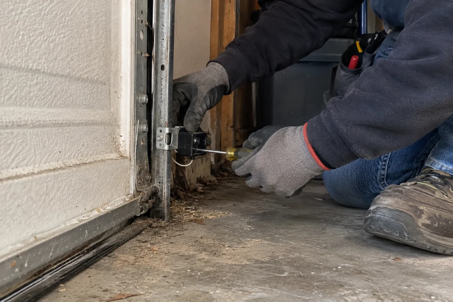 Gloved hands using a yellow-handled screwdriver to fasten a small black sensor to a vertical metal track beside a white door panel. — Photo-Eye Sensor Alignment or Replacement, Mississauga